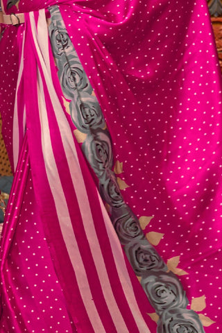 DARK PINK PRINTED JAPAN SATIN CREPE SAREE