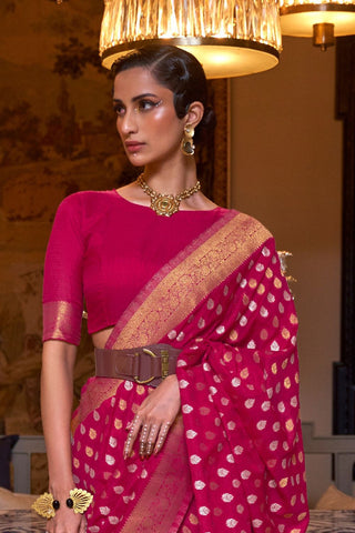 DARK PINK PURE KHADI COPPER ZARI WEAVING SAREE