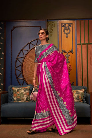 DARK PINK PRINTED JAPAN SATIN CREPE SAREE