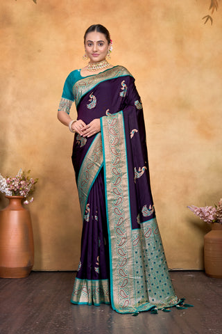 Dark Purple Banarasi Silk Saree Zari With Rich Pallu_Kumari Sarees