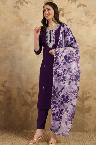 Dark Purple Chanderi Teby Embroidery Kurta Set_Kumari Sarees