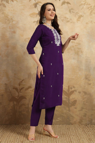 Dark Purple Chanderi Teby Embroidery Kurta Set_Kumari Sarees