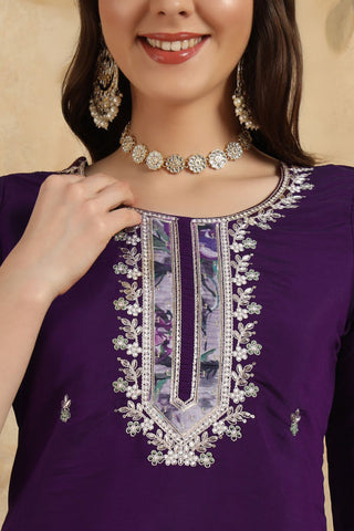 Dark Purple Chanderi Teby Embroidery Kurta Set_Kumari Sarees