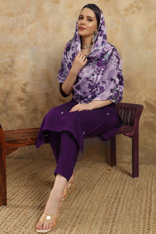 Dark Purple Chanderi Teby Embroidery Kurta Set_Kumari Sarees