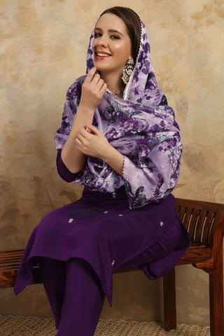 Dark Purple Chanderi Teby Embroidery Kurta Set_Kumari Sarees