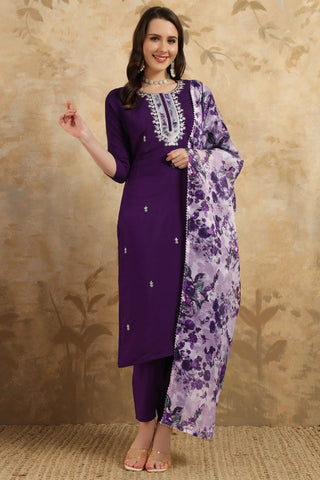 Dark Purple Chanderi Teby Embroidery Kurta Set_Kumari Sarees