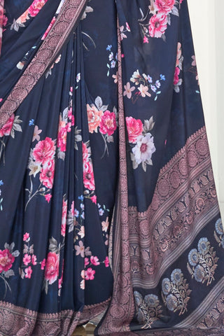 DARK BLUE PURE SILK CREEP SAREE