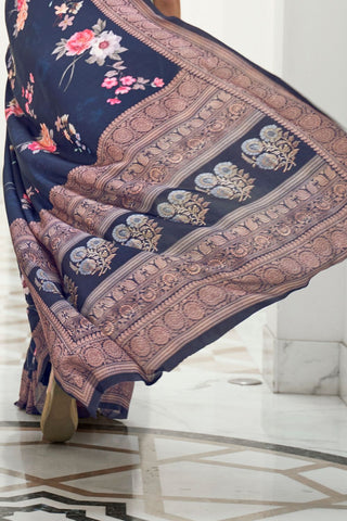 DARK BLUE PURE SILK CREEP SAREE