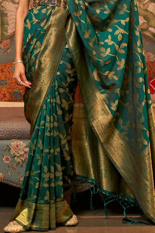 DARK GREEN NYLON CHINON TWO - TONE WEAVING SAREE