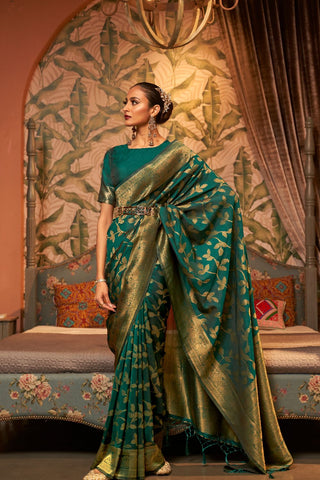 DARK GREEN NYLON CHINON TWO - TONE WEAVING SAREE