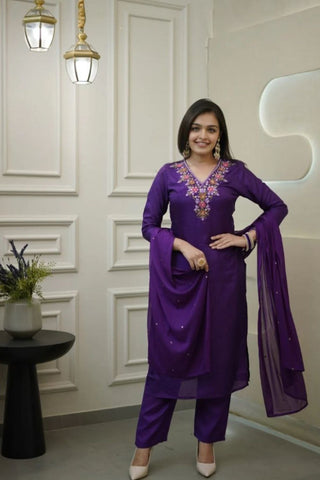Dark Purple Vichitra Silk Embroidered Kurta Set_Kumari Sarees