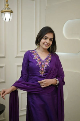 Dark Purple Vichitra Silk Embroidered Kurta Set_Kumari Sarees