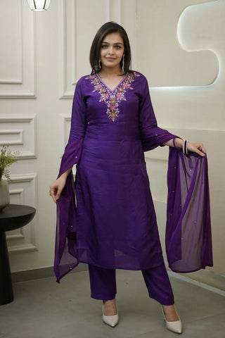 Dark Purple Vichitra Silk Embroidered Kurta Set_Kumari Sarees
