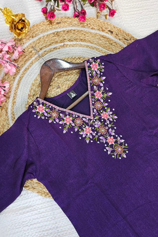 Dark Purple Vichitra Silk Embroidered Kurta Set_Kumari Sarees