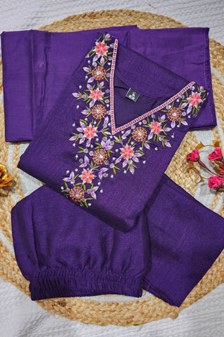 Dark Purple Vichitra Silk Embroidered Kurta Set_Kumari Sarees