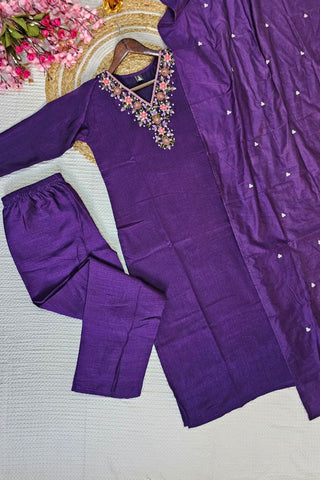 Dark Purple Vichitra Silk Embroidered Kurta Set_Kumari Sarees