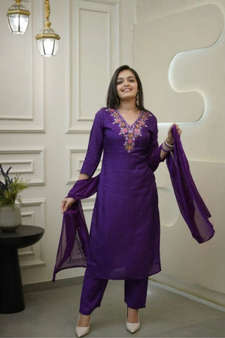 Dark Purple Vichitra Silk Embroidered Kurta Set_Kumari Sarees