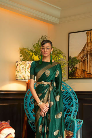 DARK GREEN NYLON PURE SATIN WEAVING SILK SAREE