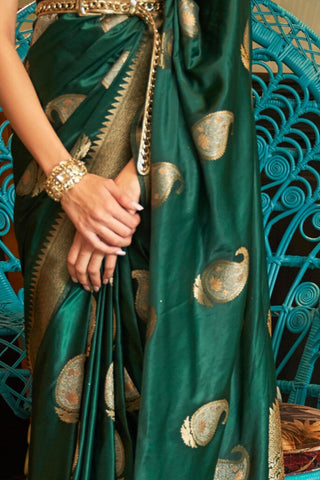 DARK GREEN NYLON PURE SATIN WEAVING SILK SAREE