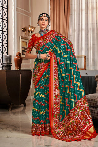 Drak Green Pure Tussar Patola Saree With Patola Print