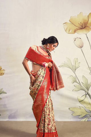 Cream & Red Pure Dharamavaram Silk Saree