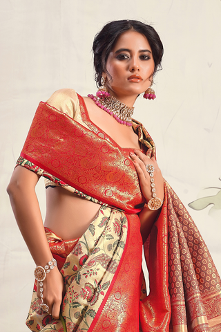 Cream & Red Pure Dharamavaram Silk Saree