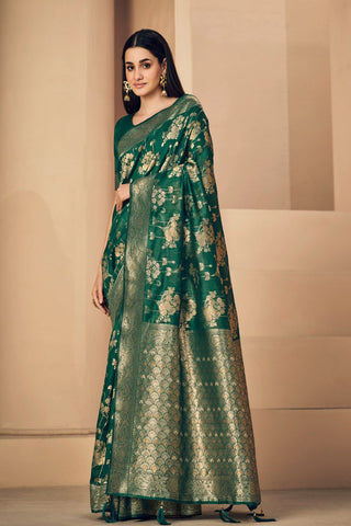 DARK GREEN LINEN CHANDERI SAREE