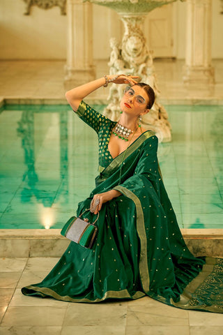 Dark Green Pure Satin Handwoven With Zari Weaving Saree