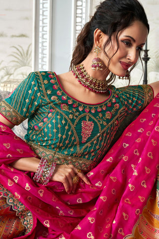 Dark Pink & Green Banarasi Silk Lehenga with Zarkan Codding Work