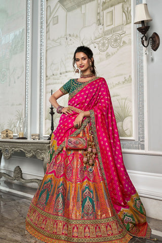 Dark Pink & Green Banarasi Silk Lehenga with Zarkan Codding Work