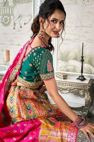 Dark Pink & Green Banarasi Silk Lehenga with Zarkan Codding Work