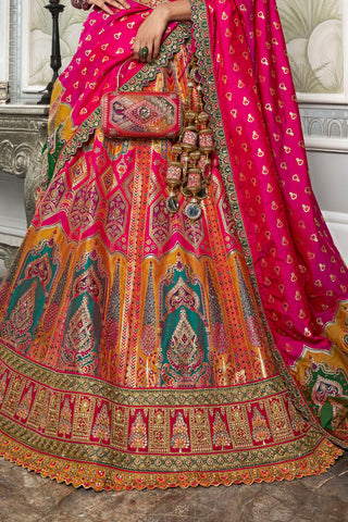 Dark Pink & Green Banarasi Silk Lehenga with Zarkan Codding Work