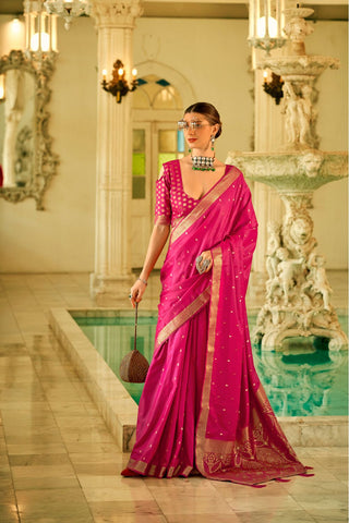 Dark Pink Pure Satin Handwoven With Zari Weaving Saree