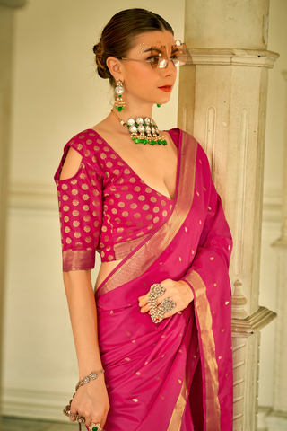 Dark Pink Pure Satin Handwoven With Zari Weaving Saree