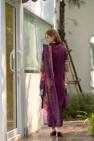 Dark-Wine Tissue With Floral Print and Embroidery Kurta Set