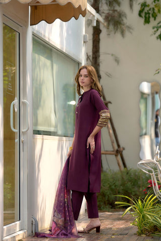 Dark-Wine Tissue With Floral Print and Embroidery Kurta Set