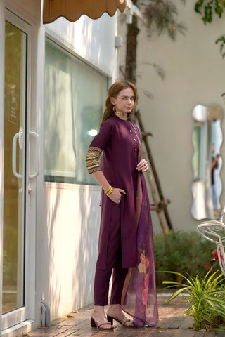 Dark-Wine Tissue With Floral Print and Embroidery Kurta Set