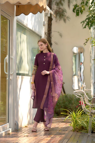 Dark-Wine Tissue With Floral Print and Embroidery Kurta Set