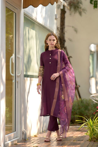 Dark-Wine Tissue With Floral Print and Embroidery Kurta Set