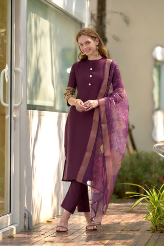 Dark-Wine Tissue With Floral Print and Embroidery Kurta Set