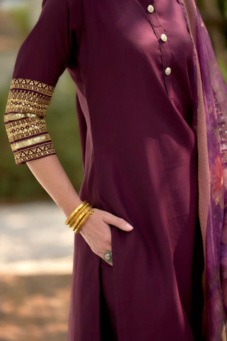 Dark-Wine Tissue With Floral Print and Embroidery Kurta Set
