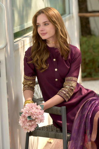 Dark-Wine Tissue With Floral Print and Embroidery Kurta Set