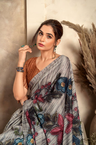 DUSTY GREY SATIN CREPE WITH DIGITAL PRINT SAREE