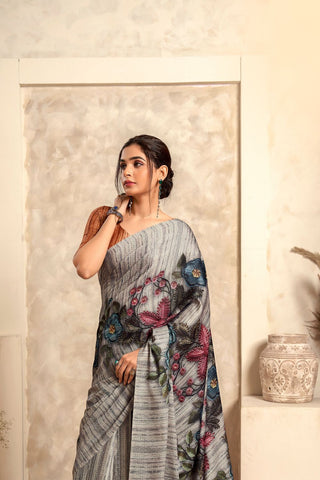 DUSTY GREY SATIN CREPE WITH DIGITAL PRINT SAREE