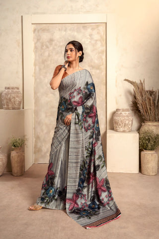 DUSTY GREY SATIN CREPE WITH DIGITAL PRINT SAREE