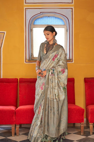 Dusty Grey Soft Cotton Silk With Floral Print Saree_Kumari sarees