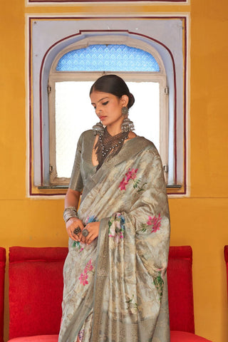 Dusty Grey Soft Cotton Silk With Floral Print Saree_Kumari sarees