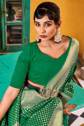 GREEN PURE BANARASI SILK WITH ZARI WEAVING WITH MATCHING BLOUSE