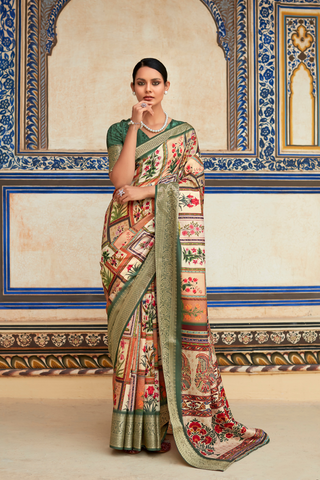 GREEN DOLA VISCOSE WITH TOP CLASS PRINT SAREES