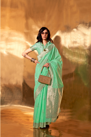 GREEN HANDWOVEN LINEN SAREES